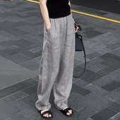 新款 日系灰色亚麻阔i腿裤 女2025夏季 高级感百搭洋气显瘦休闲直筒