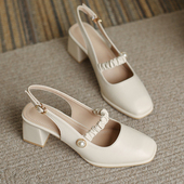 女夏季 i中跟仙女风方头后空单鞋 大码 包头凉鞋 高跟鞋 女胖脚宽肥女