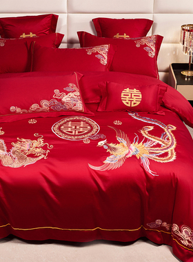 龙凤婚庆四件套10o0支长绒棉大红色全棉结婚喜被床上用品4