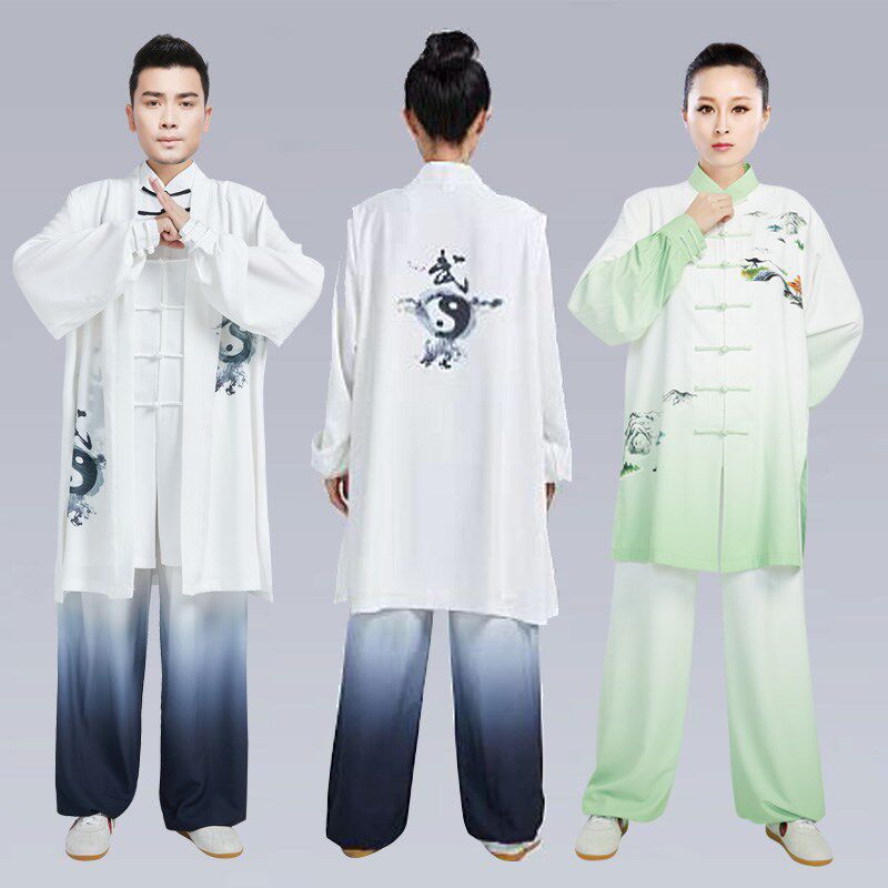 太极服印花水g墨画表演比赛服中长款三件套披纱武术服男女练功服