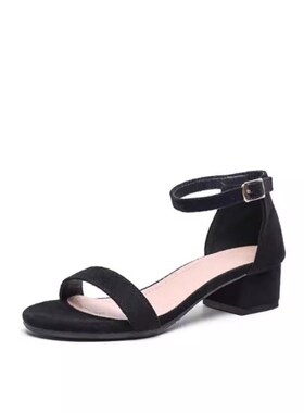 凉鞋女款粗跟2h025一字带百搭中跟夏季新款高跟鞋黑色软底扣带露