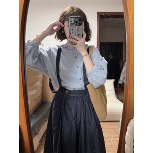 森系一整 日系文艺风花边领衬衫 背带牛x仔裙叠穿两件套装 夏季 新款