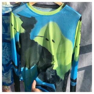 晕染百搭修身 气质打底衫 网纱T恤女2022夏季 弹力长袖 上衣 新款 时尚