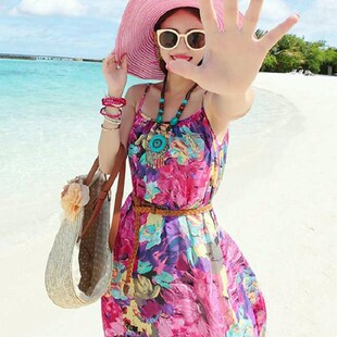 2024新款 胖妹妹显瘦雪纺连衣裙度假沙滩裙女 波西米亚长裙宽松大码