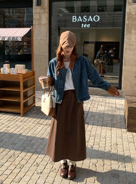 NAZ那子大码秋装新款休闲百搭高腰A字裙胖mm复古显瘦工装半身裙