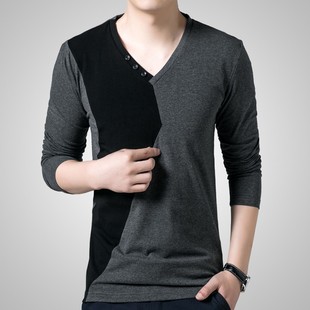 外套5XL加大码 秋天男士 春秋款 T恤鸡心领打底衫 纯棉上衣服 拼色长袖