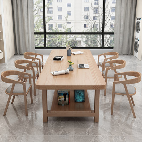 双层实木大书桌双人学习桌客厅桌子长条桌工作台圆角写字桌椅组合