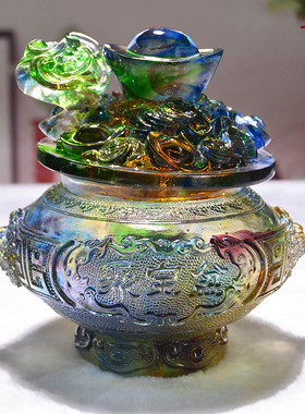 琉璃聚宝盆带盖摆件家居饰品结婚中式轻奢客厅玄关招财装饰工艺品