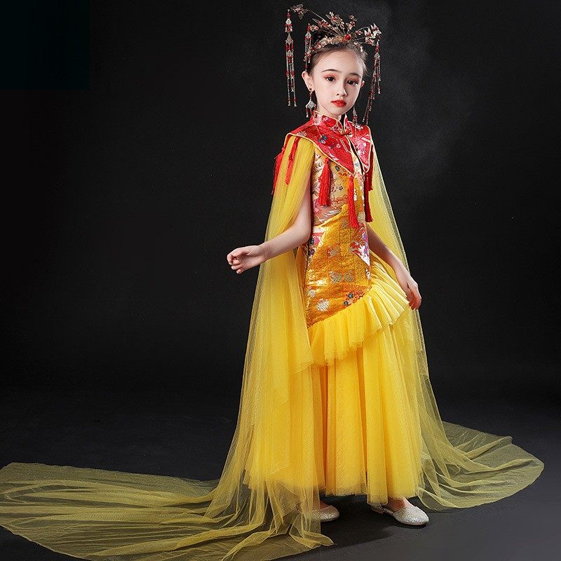 国潮中国风拖尾礼服女童旗袍裙修身儿童走秀演出服唐装高端连衣裙