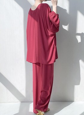 棉绸睡衣女春秋红色套装圆领25年新款夏季宽松绵绸薄款大码家居服