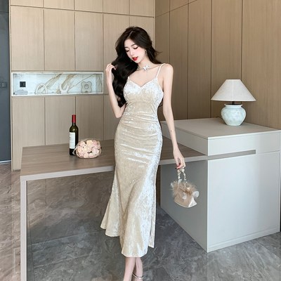 小个子新款春装矮个子XXXS女装百搭V领高腰吊带裙鱼尾礼服连衣裙