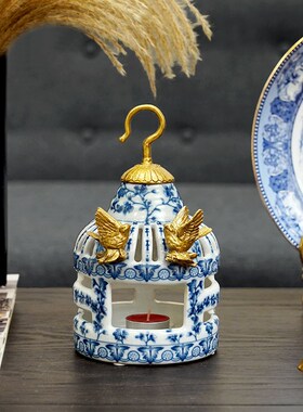 费灵家居青花陶瓷手工黄铜鸟笼造型家居装饰烛台摆件蜡台摆设出口