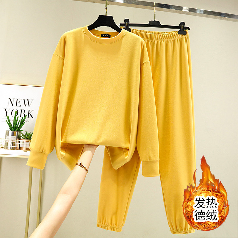 德绒家居套装女冬季休闲大码打底上衣加绒加厚宽松睡衣睡裤两件套