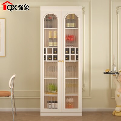 奶油风酒柜靠墙客厅玻璃门防尘展示柜家用餐厅边柜茶水柜定制S33