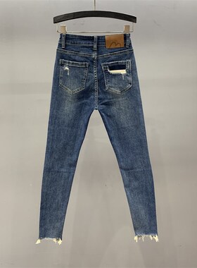 蓝色假破洞铅笔牛仔裤女2024年春季新款高腰紧身显瘦小脚九分裤子