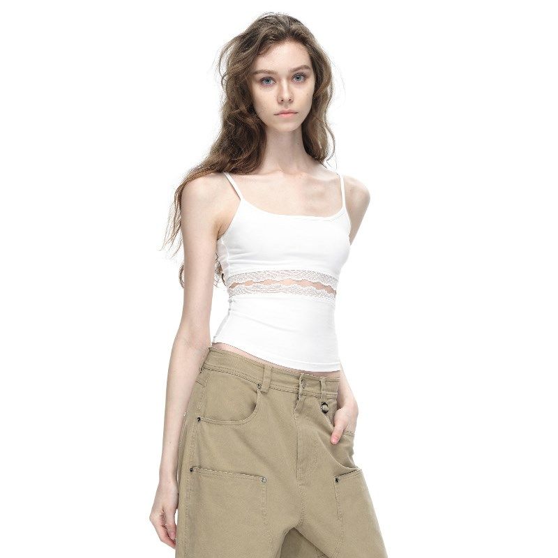 EMPTY PAGE蕾丝分割正反两穿吊带背心修身显瘦百搭打底衫黑/白/灰