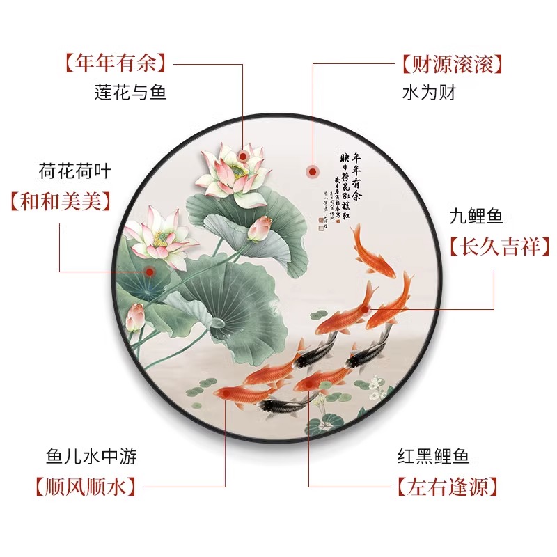 新中式荷花九鱼玄关装饰画入户走廊过道挂画客厅饭厅圆形墙面壁画图片