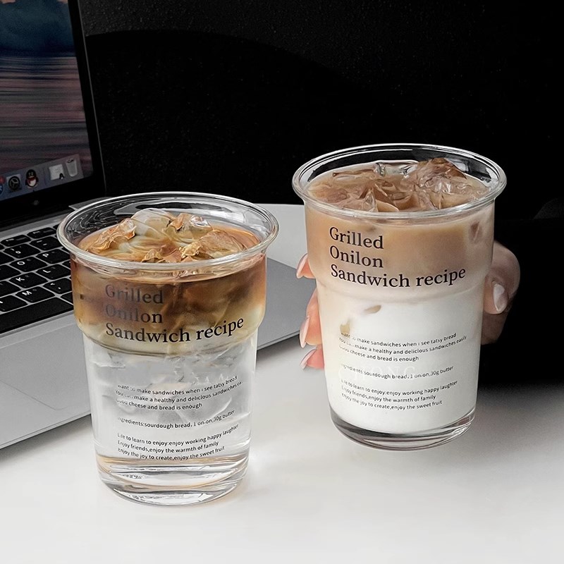 ins风反口透明玻璃杯高级感字母咖啡G杯大容量冷饮杯果汁杯牛奶杯
