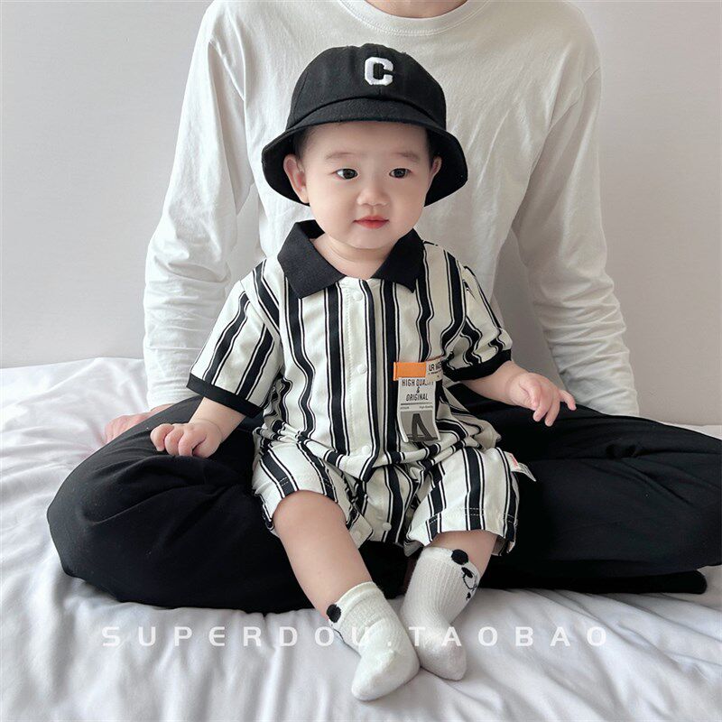 婴儿夏季连体衣男宝宝夏装洋气时髦工F装风爬服婴幼儿满月百天包