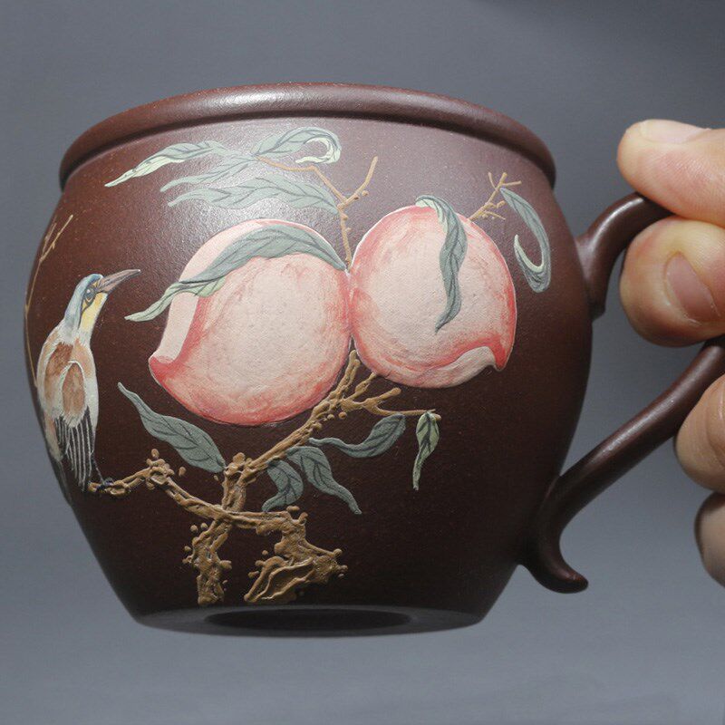 宜兴紫砂杯主人杯原矿老紫泥带把寿桃品茗杯水S缸杯泡大容量茶杯