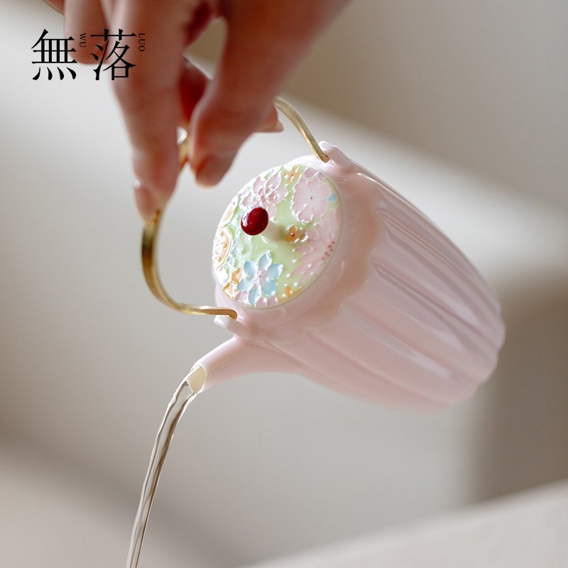 景德手工粉彩提梁壶 高颜值陶瓷茶G壶 女士用铜把手单壶茶具组
