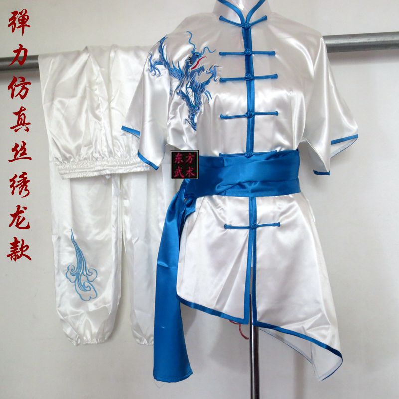 新款刺绣龙d凤款成人儿童白色湖蓝边男女款武术服练功服