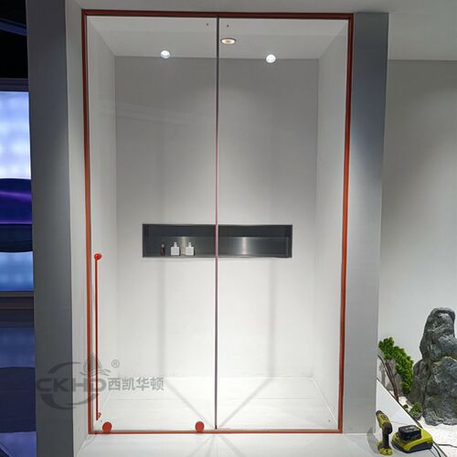 细轨道窄边框不锈钢极简橙色淋浴房一字形移门R整体玻璃浴室隔断