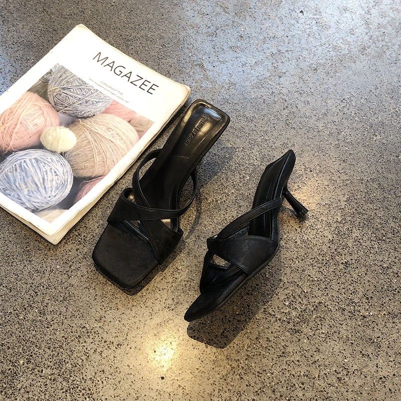 简约方头露趾细跟凉拖女夏外穿w2025年法式新款交叉带气质高跟拖,女鞋,一字拖,淘宝优惠券,粉丝福利购,淘宝优惠卷