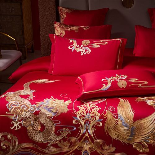 高端婚嫁新中式刺绣龙凤160S贡缎长绒棉婚庆四件套轻奢高级感件套