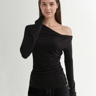 优雅延续 2026重磅莱赛尔羊毛混纺斜肩一字领打底长袖T恤上衣春