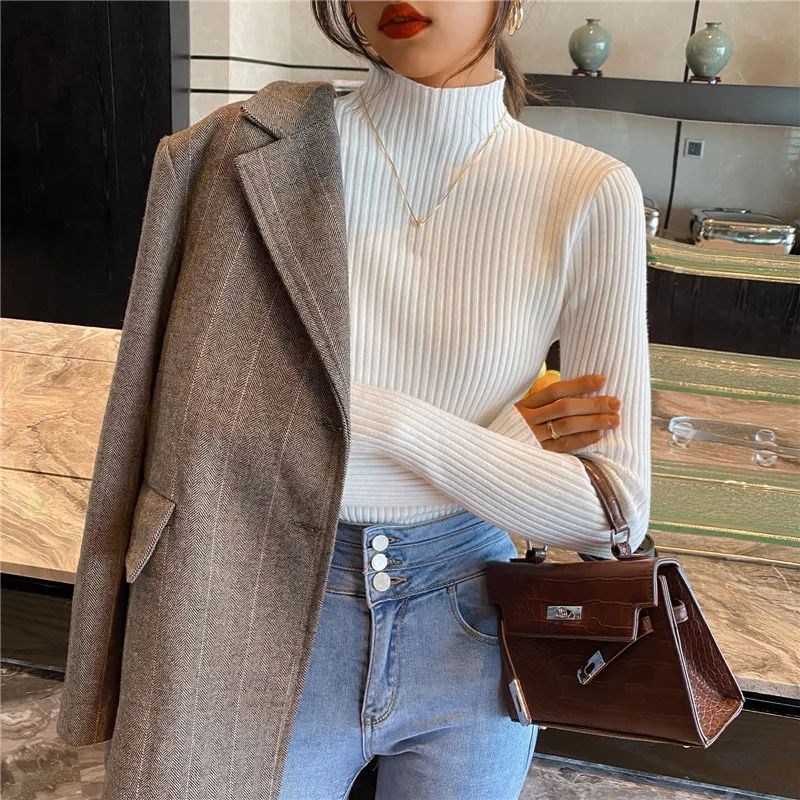 Autumn Long Skleeve Women's Sweaters Thin Turtleneck Stch