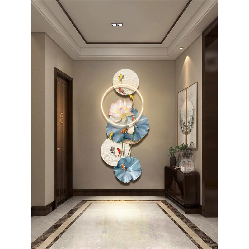 九鱼图入户玄关装饰画现代轻奢走廊过道挂画高级感立体荷花壁灯画图片