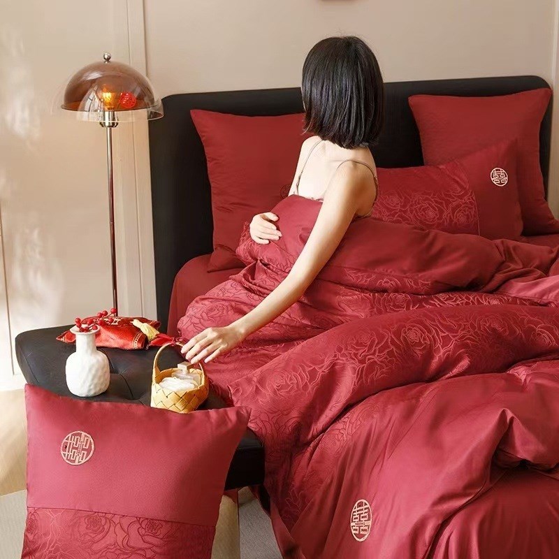 新中式喜字结婚四件套大红色床单玫瑰被套婚庆房喜被床上用品