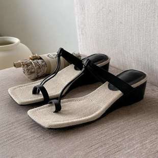 羊皮版~韩版气质简约夹脚后空凉鞋女夏粗跟套趾罗马凉拖女鞋半托