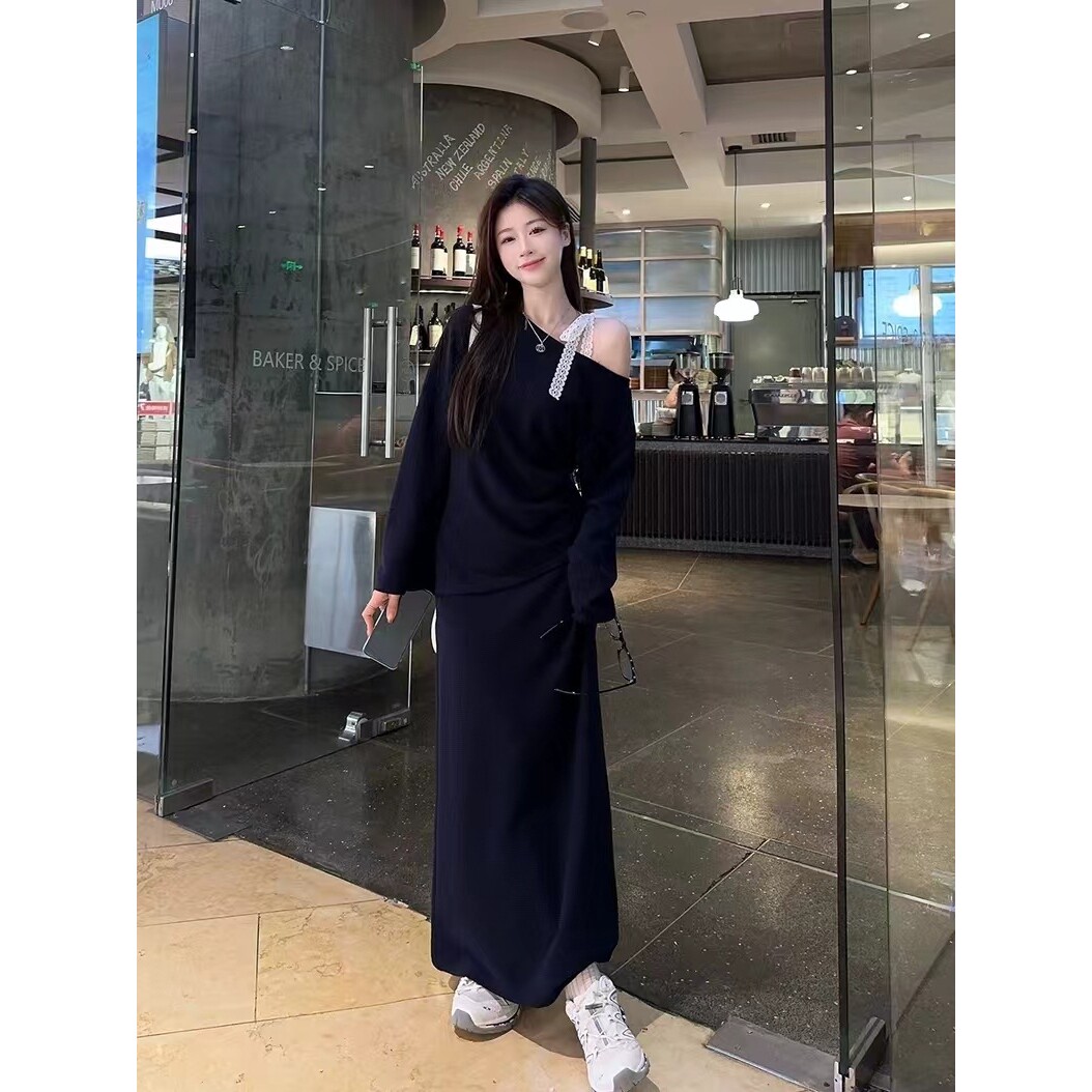 气质套装小众蕾丝蝴蝶结系带针织衫女早秋高腰开叉半身长裙两件套