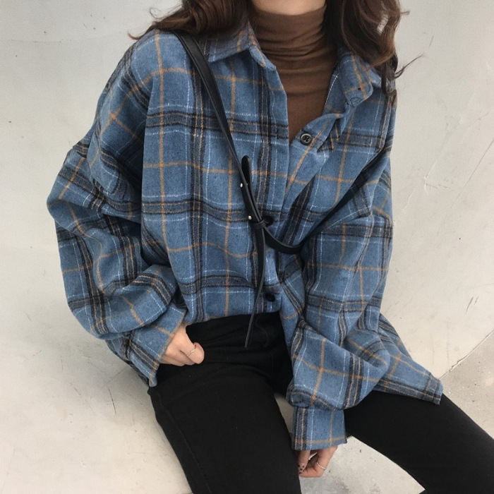 超火大版毛绒格子衬衫女秋冬款复古港味宽松百搭外套长袖叠穿衬衣