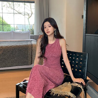 ADA MISS气质亮丝流苏削肩袖无袖修身收腰背心连衣裙长裙女春新款