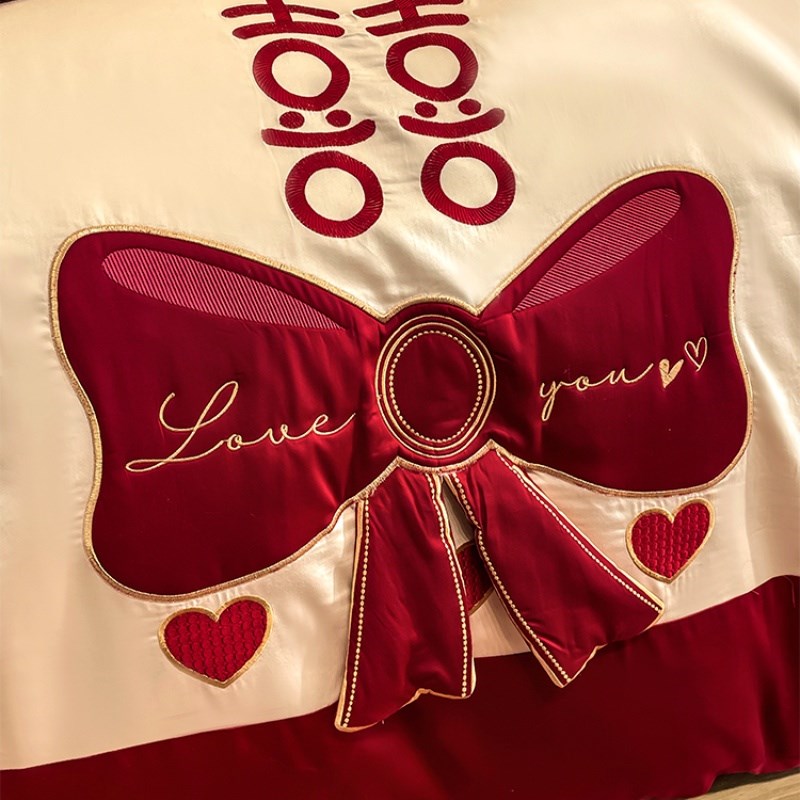 公主风结婚喜庆纯棉床品四件套抱枕含芯十件装婚庆新房布置红床单