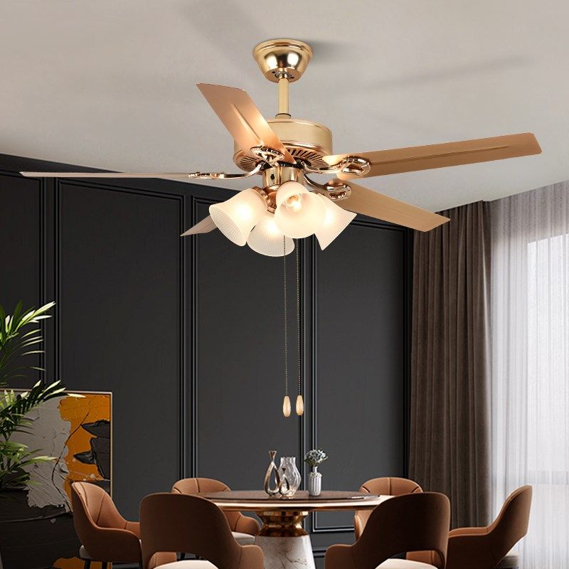 奥宏金色铁叶风扇灯美式餐厅电扇灯工业复古木叶欧式家用客厅吊扇