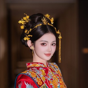 新娘发饰金色凤凰发箍发簪简约高级感龙凤挂秀禾服结婚盘发头饰品