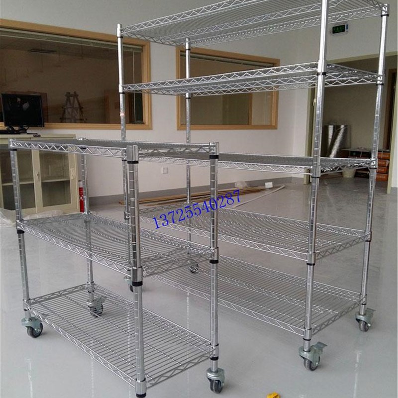 货架镀铬线网格层架子不锈钢货架带轮移动储物架置物架家用展示架