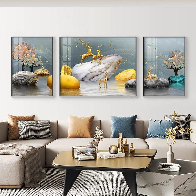 客厅装饰画现代简约沙发背景墙挂画北欧福禄轻招财奢墙画大气三联