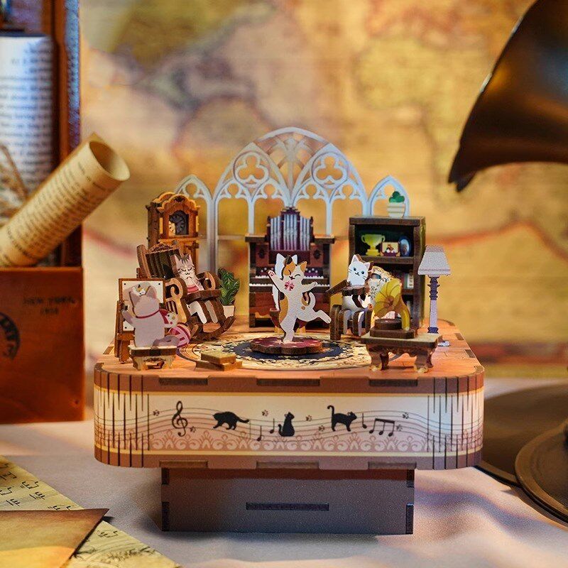 猫的欢聚旋转八音盒同趣DIY手工积木玩具拼装音乐盒摆件儿童礼物