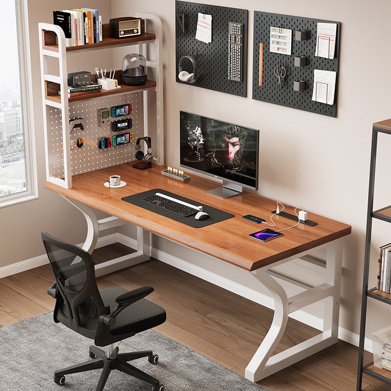 纯实木电脑桌台式家用书桌书架一体长条学习桌简约双人电竞桌子