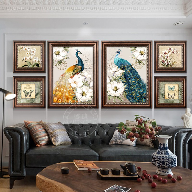 美式装饰画客厅沙发背景墙壁画组合挂画卧室壁画餐厅玄关油画孔雀图片