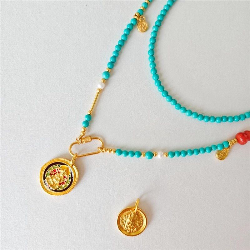 天然绿松石长款项链女金元宝南红葫芦串珠毛衣链吊坠可拆卸万能链