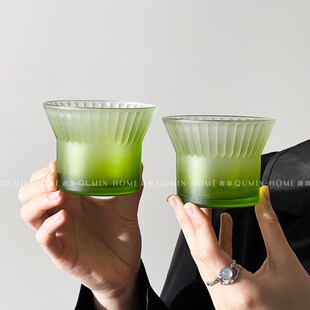 小众渐变绿竖纹玻璃杯家用喝水杯子高级感轻奢咖啡杯冷饮杯 趣皿