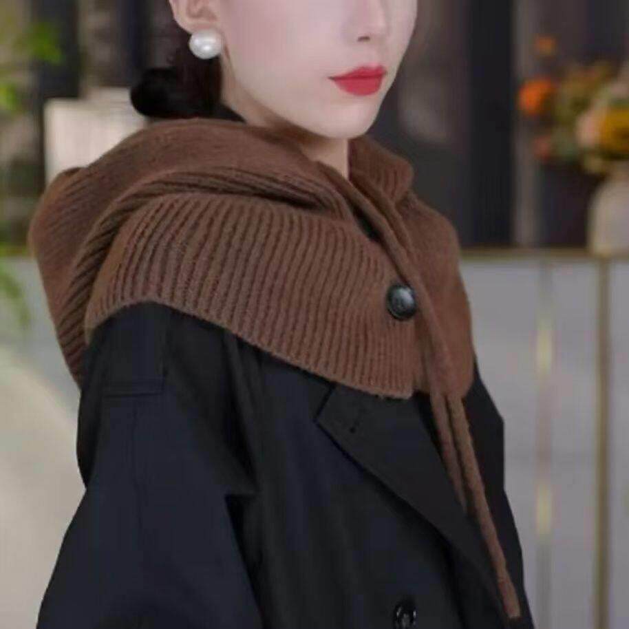 新款针织克拉男女帽法帽带纽扣秋冬围脖韩版一体保暖护耳包头帽子