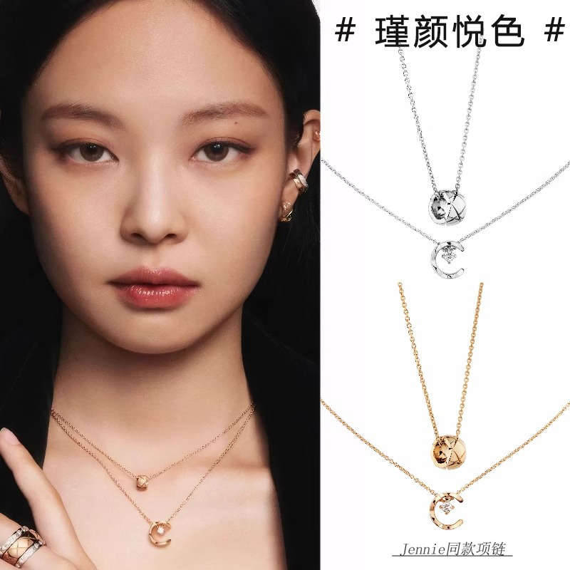 Jennie同款18K玫瑰金菱格纹项链女轻奢小众设计锁骨链高级感配饰