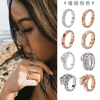 明星同款18K玫瑰金灵蛇戒指女轻奢叠戴设计感蛇骨指环男情侣对戒